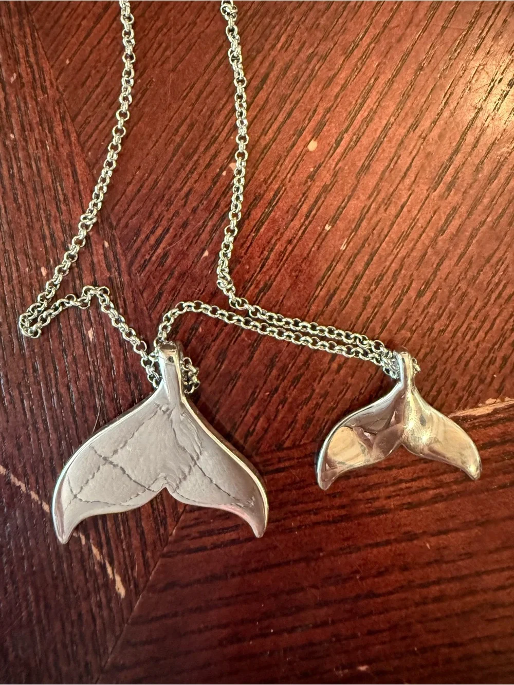 Silver and Abalone double Whale Tail Pendant Necklace - Blue Green Shell